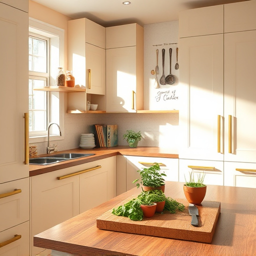 A vibrant blog cover image for "Tips for Eliminating Kitchen Odors," featuring a whimsical kitchen scene. The focal point is a rustic wooden countertop adorned with colorful fruits, herbs, and spices, including an oversized, anthropomorphic lemon wearing a chef's hat. Playful swirls of steam rise from the countertop, suggesting a mix of zesty and sweet aromas. The background includes an open window with fresh green leaves and sunlight flooding the space, creating a warm atmosphere with shades of yellow and soft green. The composition includes retro spice jars and a quaint kettle, adding quirky charm. The bold color palette of bright yellows, lively greens, and passionate reds, along with a Neo-Expressionism art style, creates dynamic textures and a lively mood, inviting creativity in the kitchen while addressing the practical topic of eliminating odors.