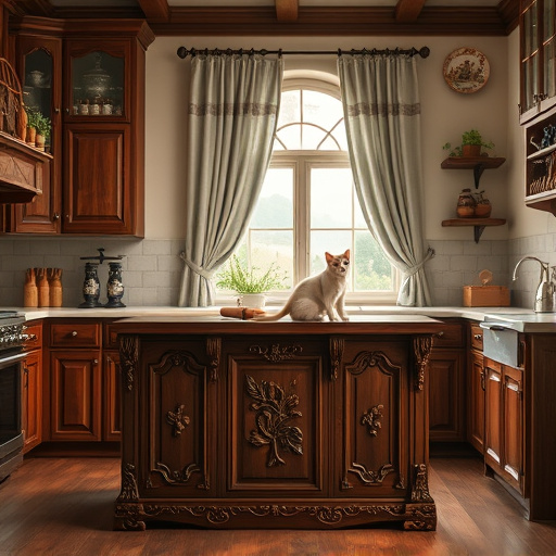 A cozy kitchen designed with wide, elegantly crafted doorways, promoting accessibility and inclusivity. The space features polished wooden cabinetry with intricate Aboriginal patterns, adding artistic flair. A vibrant central island overflowing with colorful fruits and artisanal kitchenware symbolizes abundance. The inviting atmosphere encourages family gatherings and culinary creativity. A playful dog peeks through one of the doorways, exemplifying a pet-friendly environment. Sunlit gardens visible through glass-paneled doors are framed by native plants and herbs, emphasizing a connection to nature. Earthy tones of rich reds, umbers, and yellows inspired by Aboriginal art enhance warmth and friendliness. The flowing lines and dot painting techniques illustrate pathways throughout the kitchen's layout, promoting the concept of open, accessible living.