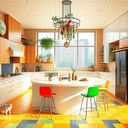 A high Renaissance-style blog cover image featuring a beautifully remodeled kitchen that seamlessly combines modern design with classical elegance. The centerpiece is an oversized marble island with intricate carvings depicting culinary scenes, accompanied by sleek contemporary bar stools. An ornate chandelier hangs above, its crystals casting colorful reflections, creating a warm and sophisticated ambiance. Large arched windows allow soft natural light to illuminate a vibrant herb garden on the windowsill. The kitchen walls showcase muted earth tones, adorned with vintage spice racks and hand-painted ceramic tiles that add whimsical charm. Colorful cookware and rustic wooden utensils populate the counters, hinting at culinary creativity. A vintage clock with ornate detailing provides a sense of timelessness, while a small tabby cat enjoys a sunny spot on the countertop, adding personality to the scene. The overall atmosphere radiates elegance and comfort, inviting viewers to imagine themselves cooking in this artistic space. The soft color palette of creamy whites, warm terracotta, and rich emerald greens enhances the calm ambiance, while subtle golden accents introduce a touch of glamour, embodying the essence of an ideal kitchen remodel.