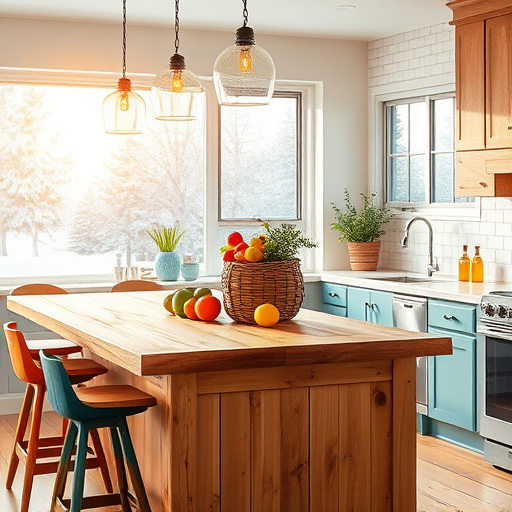 A warm and inviting kitchen scene featuring intricately patterned and textured vinyl flooring that mimics natural wood. Rustic wooden cabinets are painted in soft pastels, complemented by vintage kitchenware, including copper pots hanging from hooks. In the foreground, a vibrant fruit bowl filled with colorful apples and lemons sits beside a quirky, smiling ceramic cat, adding a cheerful detail. Golden light streams through a window adorned with sheer curtains, casting gentle shadows on the floor. Outside the window, a picturesque garden view showcases blooming flowers and lush greenery, enhancing the home's warmth. The background includes a charming vintage stove and an ornate backsplash, reflecting Renaissance aesthetics that blend tradition with modern flair. The earthy and pastel color palette conveys a calm yet vibrant atmosphere, inviting viewers into a stylish kitchen space that highlights the beauty and practicality of vinyl flooring.