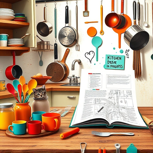 Alt text: A vibrant Cubist kitchen scene themed "Back to School Kitchen Organization," featuring a chaotic yet harmonious arrangement of school supplies and kitchen tools in geometric shapes. Colorful lunchboxes stack atop organized cabinets, with jars filled with pens, pencils, and sticky notes portrayed in distinct facets. The mood is playful, highlighted by quirky characters like a smiling apple wearing glasses on a schoolbook and a chalkboard wall adorned with doodles. The sunlit background showcases abstract windows allowing lively rays of sunlight, creating a cheerful atmosphere. The color palette includes sunny yellows, grassy greens, and sky blues, with hints of vibrant reds and playful purples, encapsulating the excitement of preparing for a new academic year in a creatively organized kitchen.
