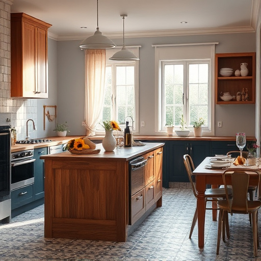 A vibrant Cubist interpretation of a kitchen remodeling theme, featuring a fragmented kitchen layout with geometric forms and bold interlocking shapes. The design highlights essential kitchen elements such as a stove, sink, and cabinetry in asymmetrical arrangements. The color palette includes rich blues and warm yellows, creating a playful yet professional atmosphere. Quirky details like scattered paintbrushes, wallpaper rolls peeking from a drawer, and colorful fabric swatches floating suggest a creative remodeling process. In the background, a stylized urban landscape with cubist buildings represents potential and transformation, with sun rays filtering through abstract cloud forms. This artwork encapsulates the dynamic nature of kitchen remodeling, blending artistry with themes of cost and design.