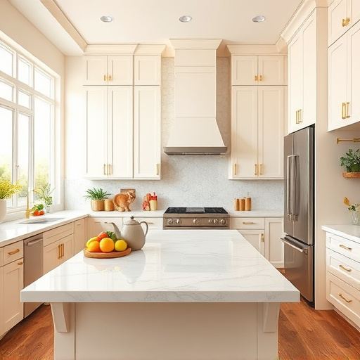 Alt Text: A Baroque-inspired cover image showcasing an elegantly tiled kitchen floor with intricate patterns in royal blues, opulent golds, and rich browns. The scene features vintage kitchen elements, including ornate cabinetry and a wooden table with tools and flooring samples, creating a professional yet inviting atmosphere. Whimsical kitchen-related icons, such as a floating measuring cup and a spiraling vintage tape measure, illustrate playfulness, while soft golden sunlight streams in through an open window, casting shadows that highlight the floor's textures. Potted plants on the windowsill and a quirky clock with flooring tool-shaped hands add unique charm. Rich mahogany walls adorned with framed vintage photographs of flooring projects enhance the expertise theme in kitchen design. Overall, the image radiates playful sophistication and trust, blending elegance with home improvement practicality.