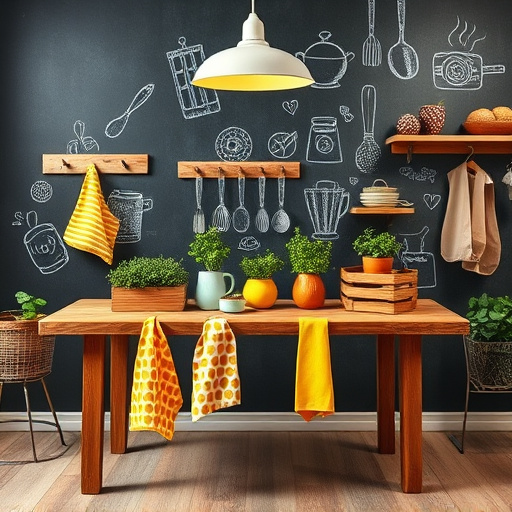 A vibrant kitchen scene dedicated to 'Low Cost Kitchen Upgrades' features a rustic wooden table at the center, showcasing colorful, DIY kitchen items. A bright yellow spice rack made from reclaimed wood is prominently displayed, alongside cheerful patterned dish towels hanging from hooks. A small herb garden in quirky painted pots adds fresh greenery to the composition. Above, a sleek modern light fixture crafted from repurposed materials casts a warm glow throughout the space. The mood is playful and inviting, emphasizing creativity and inspiration for budget-friendly kitchen improvements. In the background, a chalkboard wall is illustrated with colorful doodles of kitchen icons such as utensils, pots, and plants, representing affordable ideas and tips. The scene is enhanced by a textured canvas in the 'ColorFieldPainting' style, showcasing a palette of sunny yellows, soft greens, and muted blues, creating a lively yet calming atmosphere. This image encapsulates the essence of kitchen transformation and imagination, encouraging viewers to reimagine their cooking spaces in a fun, artistic way without high costs.