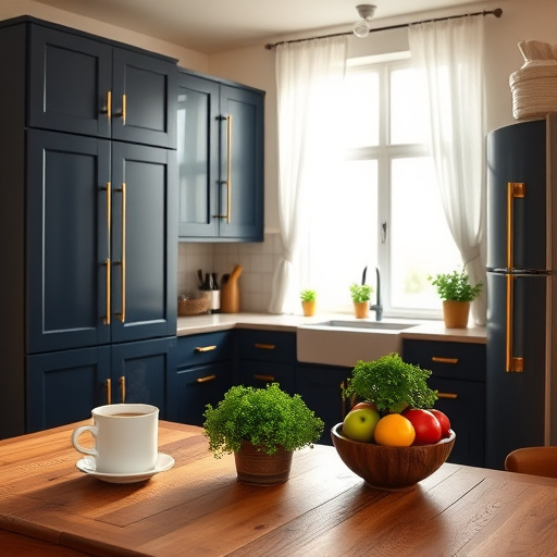 Alt Text: A modern kitchen showcasing clean lines and functional aesthetics, featuring floating shelves adorned with vibrant spice jars, elegant glassware, and geometric pots with lush green herbs. The design incorporates soft pastels and bold metallics in a Futurist art style, with a striking geometric light fixture casting intricate shadows. A stylized city skyline is visible through a large window, adding an urban touch. Quirky elements like an oversized spoon-shaped wall clock and a whimsical robot chef peeking from behind a plant enhance the creative and inviting atmosphere of the space.