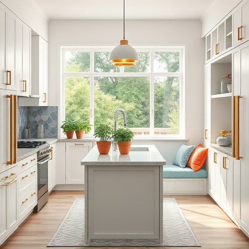 A vibrant Renaissance-style cover image for a blog on "Trending Kitchen Lighting Solutions," showcasing a luxurious kitchen interior illuminated by soft, warm light. The focal point is an intricately designed chandelier with glistening crystals that cast playful reflections onto elegant wooden cabinetry featuring decorative flourishes. A rustic wooden table is beautifully arranged with fresh herbs, gleaming copper pots, and vintage recipe books, exuding charm without any human figures. Above, whimsical pendant lights with soft, glowing bulbs hang from a lush arch of ivy, integrating nature into the space. The color palette consists of rich golden hues complemented by deep forest greens and subtle earthy browns, creating a cozy yet sophisticated atmosphere. A serene garden scene is framed by a window in the background, blending the interior with the outdoors and enhancing the theme of innovative and rustic kitchen lighting solutions. A small bird perched on a shelf adds a playful detail to the overall composition.
