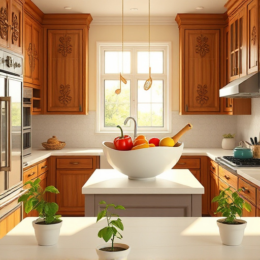 A vibrant kitchen scene showcasing bold backsplash patterns, featuring an array of colorful tiles with intricate geometric designs, including mosaic and abstract floral motifs. Whimsical spatulas and colorful mixing bowls are playfully arranged on the countertop. An open cookbook with flipping pages invites culinary exploration. A curious cat peeks from behind the countertop, and a thriving potted herb garden sits under a bright window, enhancing the homey warmth. Soft, warm lighting and pastel-colored walls create a welcoming atmosphere. The scene is depicted in a ConceptualArt style with bold colors such as deep turquoise, sunny yellows, and lively corals, inspiring creativity in cooking.