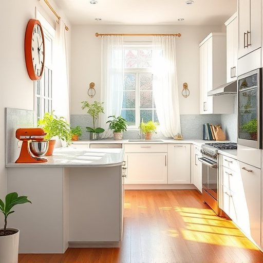 Alt Text: A budget-friendly kitchen remodel featuring trendy shelving, modern appliances, and vibrant decor. Colorful ceramic tile countertops and a playful geometric backsplash create an optical illusion. Accent elements include potted herbs, quirky kitchen gadgets, and mismatched dining chairs, with a large window allowing warm, natural light. A content cat peeks from behind a colorful fruit bowl, and a whimsical teapot whistles steam nearby. Soft shadows from hanging pendant lights create a cozy atmosphere, while a patterned rug under the dining table ties the space together. The vibrant color palette includes teal, warm yellow, and deep orange, styled in bold OpArt fashion, evoking a cheerful and inviting ambiance for stylish yet affordable kitchen renovations.