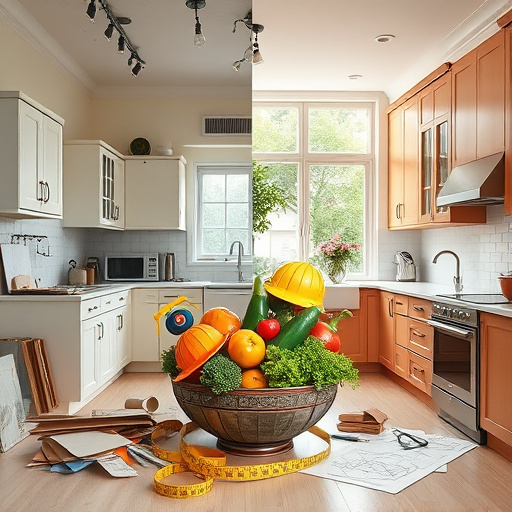 A captivating blog cover image for "home quality remodeling reviews" showcases a beautifully renovated kitchen with modern, stylish elements. The scene features sleek countertops and elegant cabinetry, complemented by a polished island adorned with vibrant vegetables, spices, and utensils, suggesting culinary creativity. Blurred silhouettes of minimal human figures in the background hint at family life without distracting from the kitchen's beauty. The warm and inviting tone evokes comfort and aspiration. Quirky details include hanging herbs in pots, a small chalkboard with playful doodles of tools and renovation tips, and whimsical wall art depicting a house transformation. The bright, airy kitchen is illuminated by natural light streaming through large windows, casting soft shadows. The color palette combines soft pastels with bold splashes, creating a cheerful and optimistic atmosphere that aligns perfectly with the theme of home improvement in a DigitalArt style.