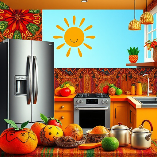 Alt text: A whimsical kitchen scene focusing on "How to repair damaged kitchen appliances." In the foreground, a quirky toaster with burnt edges, a playful blender featuring a flexible straw, and a coffee maker seemingly sipping from a tiny cup. Scattered around are tools like screwdrivers and wrenches, as well as colorful jars filled with spare parts. The well-organized kitchen is brightened by cheerful yellows and greens, reflecting creativity, with natural light streaming through a large window. Potted herbs on the windowsill enhance the fresh atmosphere. A friendly cat curiously peeks over the countertop, adding a light-hearted element to the scene. The composition captures a blend of Social Realism, giving the appliances distinct personality and engaging the everyday cook.
