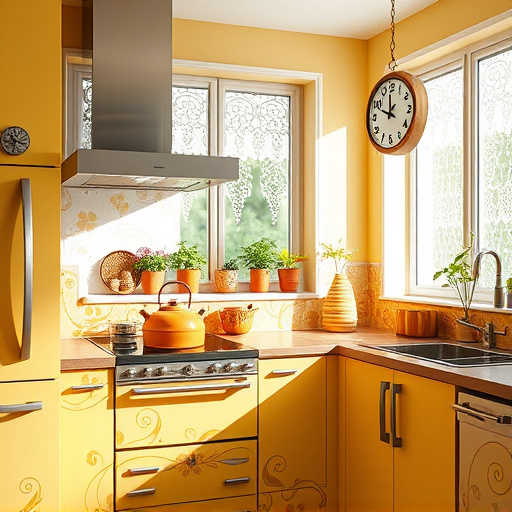 A vibrant kitchen scene showcasing a beautifully remodeled modern kitchen emphasizes the collaboration between contractors and homeowners. The focal point includes sleek cabinets and a spacious island adorned with a plush bar stool and exquisite granite countertops. A variety of construction tools, such as a level, measuring tape, and paintbrushes, are playfully arranged on the island, hinting at ongoing work. Warm under-cabinet lighting creates a welcoming atmosphere, and potted herbs add freshness to the space. The mood is playful yet sophisticated, reflecting the excitement of a home makeover, with quirky details like a playful cat lounging atop a stack of design magazines. The background features soft pastel-colored walls, a window displaying a sunny garden scene, and an open pantry with neatly organized jars, contributing to a comforting and joyful home vibe. The color palette includes warm yellows, greens, and earthy tones, inviting viewers to consider their own kitchen remodeling dreams. The overall composition captures a blend of style and creativity, illustrating the journey of transformation in home renovation.