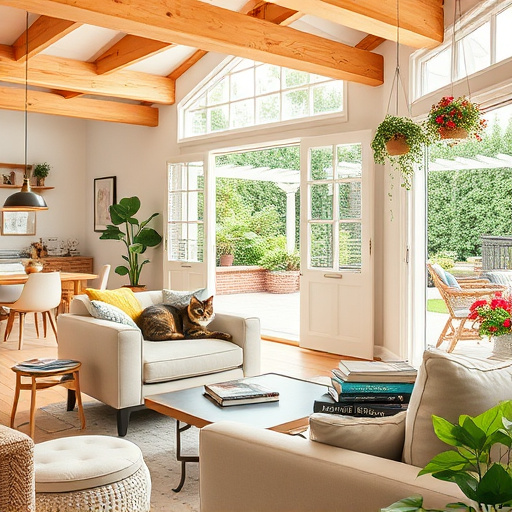 A vibrant blog cover image depicting an innovative kitchen design, featuring a futuristic open layout. The kitchen showcases sleek, modular cabinets in warm wooden tones paired with glossy white finishes. At the center, an oversized island with colorful geometric bar stools arranged around it highlights a community-oriented space. Above the island, a floating herb garden adds a playful touch, complemented by an ornate chandelier made of kitchen utensils hanging from the ceiling. The walls are adorned with an eclectic mix of vibrant tiles, stimulating creativity. The setting is illuminated by sunlight pouring through large windows, offering a view of green plants and urban scenery outside, blending nature with modern living. Whimsical elements like a cat peeking from behind a pot and abstract wall art resembling a cooking meter enhance the playful atmosphere. The color palette features warm yellows, fresh greens, and deep blues, creating a vibrant and welcoming ambiance that fosters inspiration and innovation in kitchen design. The illustration employs a VisionaryArt style, merging surreal elements with vivid graphics to draw viewers into this transformative culinary space.