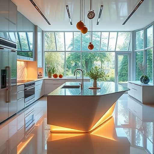 A conceptual art image depicting "Factors Affecting Kitchen Renovation Costs," featuring a divided kitchen scene. The left half showcases a chaotic renovation with scattered tools, paint swatches, and an array of materials like wood, granite, and tiles, exuding a playful energy. The right half reveals a sleek, modern kitchen with high-tech appliances and a stylish layout, representing the renovation's ultimate goal. In the foreground, whimsical elements include a coiled measuring tape next to a cup of coffee, a large calculator with oversized buttons, and floating price tags illustrated with cheerful images like a smiling faucet and a happy cabinet, adding personality to the scene. The background is filled with light pastel colors, creating a calm yet vibrant atmosphere, enhanced by soft morning light pouring through large windows. The color palette features bright yellows, warm oranges, and calming greens, inspiring creativity and optimism about the kitchen renovation journey—ideal for a blog cover image that captivates readers with its lively and thoughtful representation of the complexities of budgeting in home renovations.