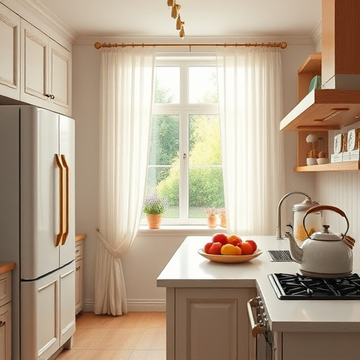 A vibrant kitchen transformation showcasing modern cabinetry in bold geometric shapes of teal and mustard yellow, creating a playful yet sophisticated atmosphere. The scene is filled with whimsical kitchen gadgets, including a vintage mixer with exaggerated proportions and dancing pots and pans on the stovetop, adding humor. An abstract backsplash features colorful irregularly shaped tiles, enhancing the kitchen's character. A sunlit window reveals a quirky urban garden with cartoonish herb pots sprouting oversized basil and oregano. The floor displays an abstract mosaic tile pattern that reflects the cabinetry colors, while tall houseplants with exaggerated leaves add warmth. A whimsical teapot-shaped light fixture hangs low, casting a warm glow, contributing to the energetic and inviting mood. The color palette combines warm oranges and cool blues, invoking a lively spirit ideal for kitchen remodeling inspiration, expressed in a Neo-Expressionist style that emphasizes bold lines and emotional resonance.