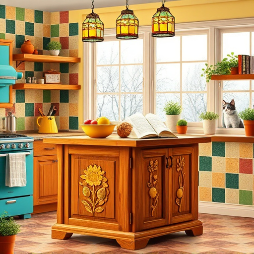 A vibrant blog cover image depicting home remodeling reviews, designed in a detailed Native American art style. The scene features a beautifully transformed living room with a blend of traditional and modern elements. Colorful geometric patterns embellish the walls, complemented by vibrant rugs. An intricately designed Pueblo-style kiva fireplace radiates warmth, accompanied by sage and cedar bundles for authenticity. The room's cozy yet sophisticated atmosphere invites readers to explore home renovations, with quirky animal motifs like a fox on a bookshelf and a wise owl carved into a table, symbolizing wisdom in design choices. Large windows frame a serene landscape of rolling hills against a colorful sunset, merging the interior with nature. The earthy color palette of rust, ochre, and deep greens is accented by turquoise and coral, enhancing the theme of transformation and renewal, signifying creativity and thoughtful design in home remodeling.