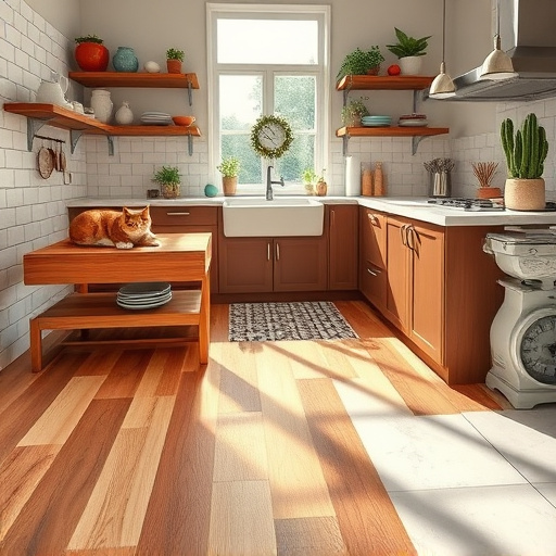Alt Text: A futuristic kitchen featuring sleek, modern cabinets made from innovative materials like smart glass and eco-friendly composites. The background showcases a holographic interface displaying customizable cabinet designs. Quirky kitchen gadgets such as a robotic sous-chef and floating spice jars add a playful element, emphasizing a high-tech atmosphere. The color palette includes cool stainless steel tones, soft whites, and vibrant greens and blues, creating a harmonious and visually stimulating environment. This innovative kitchen design inspires a reimagining of kitchen spaces, highlighting the latest trends in cabinet materials and technology.