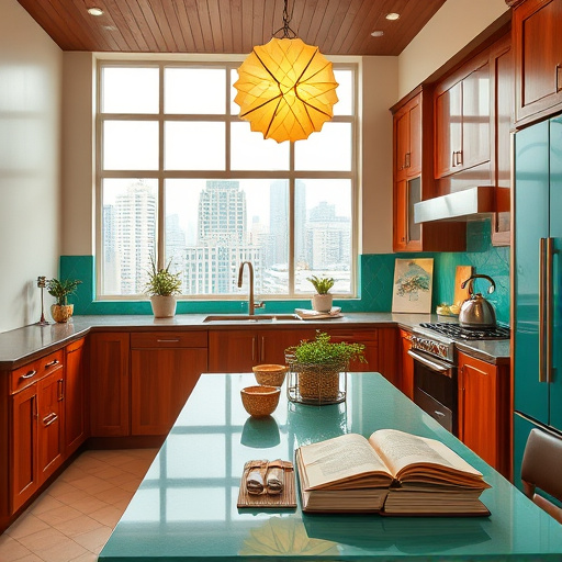 A Renaissance-style kitchen scene featuring elegant, intricately carved kitchen cabinets viewed at a 45-degree angle. The cabinets showcase floral motifs and ornate hardware typical of the era, painted in warm, inviting colors like rich reds, earthy greens, and soft golds, creating a comforting atmosphere. Playful details include whimsical spice jars and a colorful fruit bowl with mischievous-looking apples. A large, arched window in the background allows golden sunlight to illuminate the polished wooden floor and rustic tiles, enhancing the room's charm. Vintage kitchen tools, such as a rustic mortar and pestle, add to the inviting décor, evoking a sense of warm nostalgia and the joys of cooking in a beautiful kitchen.