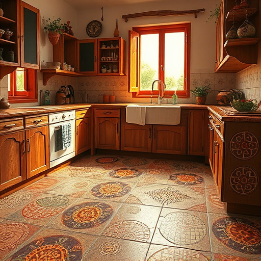 A cozy winter kitchen renovation scene features a beautifully remodeled kitchen with a large island, showcasing a rustic wooden countertop and colorful, mismatched bar stools. Soft, golden light spills from recycled glass pendant lights, illuminating a tiled backsplash adorned with a winter-themed mural of pine trees and snowflakes. Frosted windows reveal a serene winter landscape outside, with freshly fallen snow covering the trees. An oversized woven basket filled with seasonal fruits sits next to a vibrant herb garden on the windowsill, while a playful cat peeks out from the basket, adding charm to the scene. The color palette includes rich blues, soft whites, earth tones, and hints of amber, creating a warm and inviting atmosphere. The image captures the essence of a comfortable and creative kitchen space, reflecting the beauty and tranquility of winter renovations.