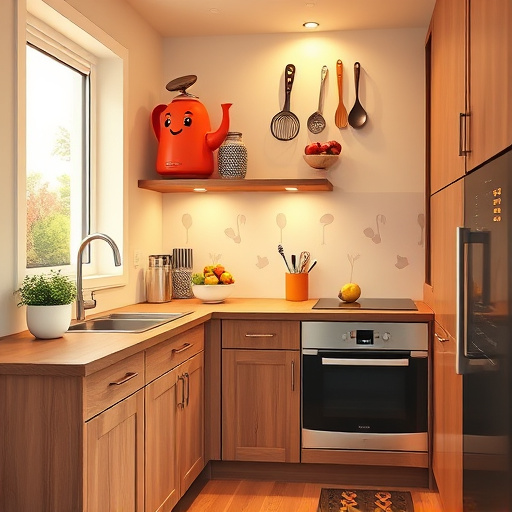 Alt text: "Vibrant eco-friendly kitchen renovation inspired by Native American art featuring natural wood cabinetry with intricate tribal carvings. Lush green plants cascade from window sills and colorful pots display a variety of herbs and succulents, symbolizing growth. Sunlight streams through large windows, illuminating smooth stone flooring in earthen tones. A serene atmosphere invites sustainable living, with details like a handmade ceramic vase shaped like an animal and a woven basket filled with fresh produce. The background shows a sun-drenched landscape with rolling hills and wildflowers, emphasizing harmony with nature. The rich color palette includes deep ochres, lush greens, soft blues, and vibrant reds and oranges, showcasing a unified and visually stunning space celebrating eco-friendly living and Native American culture."