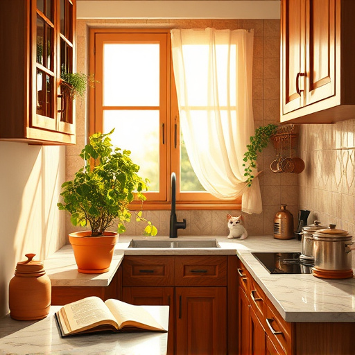 Alt Text: A minimalistic blog cover image featuring a serene modern kitchen with clean lines and sleek surfaces. Centrally placed is a spacious kitchen island in soft beige tones, topped with a glossy white countertop. Open shelving displays neatly arranged ceramic dishware and small potted herbs, enhancing the natural feel. The walls are painted a muted pastel blue, creating a calm environment that contrasts with warm wood cabinetry. A whimsical teapot on the island and a tiny wooden ladder against the wall add quirky personality. Large windows flood the space with natural light, offering a view of a lush green garden outside, symbolizing freshness and vitality. The design showcases simplicity and functionality with a soft palette of blues, beige, and earthy tones, reflecting contemporary kitchen remodeling trends.