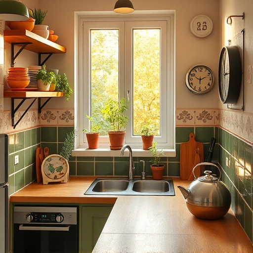 Alt text: A cozy, small kitchen remodeled with innovative ideas, featuring open shelves filled with colorful dishware and a sleek butcher block countertop. Modern appliances are seamlessly integrated, while potted herbs like basil and rosemary adorn the sunlit windowsill. The kitchen showcases a playful yet sophisticated tone with reflective surfaces and muted earth tones of green and beige, inspired by High Renaissance art. Background details include intricate tilework and soft floral patterns, creating a warm and inviting atmosphere. Quirky elements like a whimsical teapot shaped like a teacup and a frying pan clock add personality, highlighting the excitement of stylish small space living.