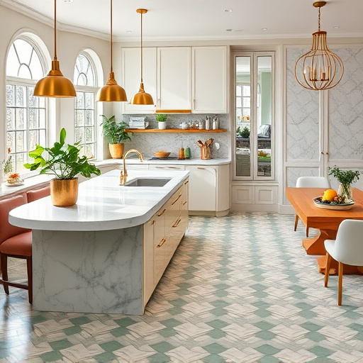 A retro modern kitchen fusion image showcasing a blend of vintage and contemporary design. The kitchen features sleek, minimalist cabinetry adorned with ornate, Art Nouveau-inspired decorative accents, including flowing floral patterns. The warm color palette of mustard yellow, muted green, and soft copper creates a nostalgic atmosphere. A mid-century style kettle whistles on an elegant stove, while vibrant potted herbs in quirky pots add charm to the windowsill. Sunlight streams through a large window with delicate lace curtains, casting intricate shadows. A playful retro clock hangs on the wall, emphasizing the eclectic mix of styles. The overall composition highlights the decorative flourish of Art Nouveau, embodying a harmonious blend of past and present in a lively and inviting home space.