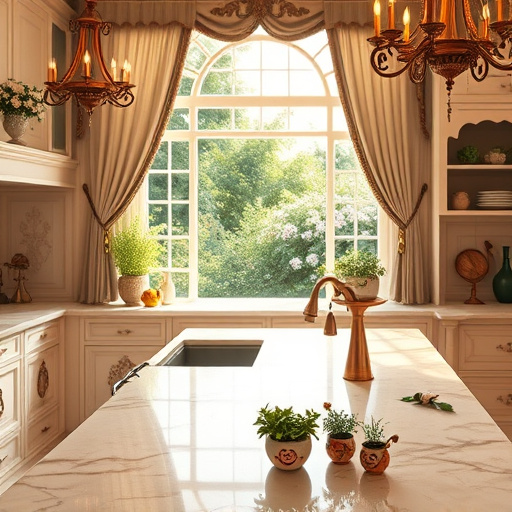 A captivating blog cover image for "kitchen design online" in the Baroque art style, featuring a beautifully designed kitchen with vintage cabinetry that showcases intricate carvings. A grand chandelier hangs overhead, illuminating a marble countertop decorated with an array of colorful fruits and herbs, emphasizing a vibrant and inviting atmosphere. Playful elements include an oversized antique clock with whimsical hands, a rolling pin with flour dust creating a doughy base, and a cat peeking from behind a cupboard, adding charm and homeliness. The mood is passionately inviting, highlighting a fusion of sophistication and warmth, with lush drapes framing a window that allows soft sunlight to filter in, enhancing the rich golds and deep blues of the color palette. Swirls of floral patterns and decorative motifs weave through the image, providing intricate visual interest and embodying the classic elegance of Baroque art, creating a dynamic and enchanting cover for any kitchen design blog.