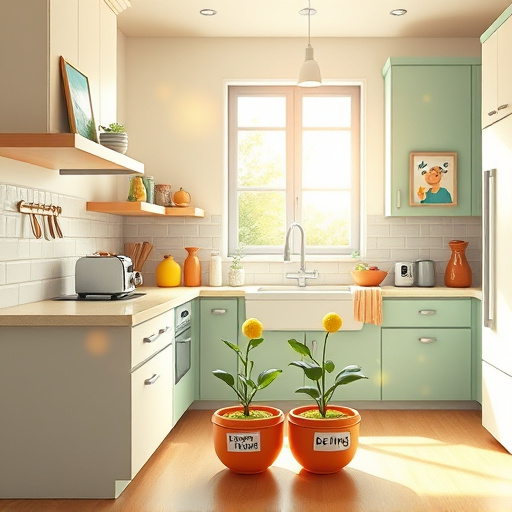 A vibrant blog cover image depicting a modern kitchen design from 2020, featuring sleek, angular cabinetry and a central island filled with colorful fruits and vegetables. The scene emphasizes sustainability and culinary creativity, showcasing artisanal pottery, charming kitchen utensils, and eclectic decor that blend contemporary style with ancient craftsmanship. A whimsical ceramic cat sits on the windowsill, curiously observing potted herbs in sunlight, while a colorful tapestry with swirling abstract designs reminiscent of Pre-Columbian art hangs on the wall. The warm and inviting atmosphere is enhanced by light streaming through a large window, creating playful shadows on polished wooden floors. The background features a soft gradient from warm terracotta to rich olive green, adorned with stylized sun motifs and geometric patterns, creating a harmonious and inspirational kitchen space.
