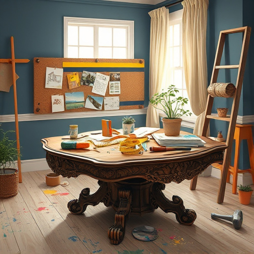 Alt text: A freshly renovated kitchen filled with modern appliances, rich wooden cabinets, and shining countertops, illuminated by sunlight streaming through a large window. The foreground displays a colorful array of fruits and vibrant herbs on a sleek island, accompanied by playful kitchen tools like a whisk and measuring cups. Whimsical abstract splashes of paint decorate the walls, adding a Tachisme art style flair that injects lively energy into the professional yet warm environment. Scattered recipe cards and a vintage teapot enhance the kitchen's charm, while a friendly neighborhood view through the open window emphasizes a local connection. The soft earth tone palette combined with vibrant greens and pops of red creates a dynamic visual, reflecting the creativity and practicality of expert kitchen renovation services.