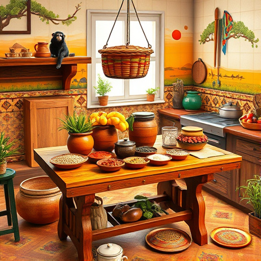 Alt text: A vibrant kitchen scene featuring a mix of sleek modern white and warm natural wood cabinets, each with quirky fruit and utensil-shaped knobs. Soft sunlight filters through floral curtains, creating gentle shadows that highlight the cabinetry's textures. Colorful crockery, spice jars, and potted herbs are displayed on the shelves, contributing to a warm, inviting atmosphere. A cozy patterned rug covers the floor, enhancing the lived-in feel. The soft pastel and earthy color palette in this digital art illustration reflects both comfort and charm, embodying the essence of a modern kitchen with a whimsical touch, ideal for inspiring home improvement and culinary creativity.