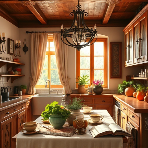 A warm and inviting High Renaissance style kitchen scene featuring a polished wooden floor that shines under soft, natural light coming through a large window with elegant lace curtains. Various affordable flooring samples, including colorful tile and laminate in playful patterns, are arranged around the floor like a vibrant mosaic. A curious cat peeks from behind a bright rug, while a potted herb on the windowsill adds greenery, enhancing the cozy ambiance. In the background, a rustic wooden table displays artfully arranged dishes, and pots and pans hang from an ornate rack, emphasizing the culinary theme. The color palette includes rich browns, soft creams, and pops of leafy greens, creating a cheerful atmosphere perfect for home design inspiration.