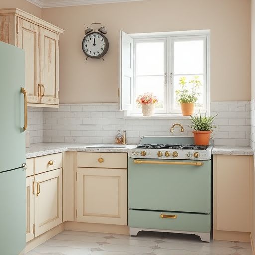 A minimalist kitchen scene in 3D perspective featuring sleek, modern kitchen cabinets with clean lines and subtle textures. The cabinets are in soft pastel colors of mint green, pale yellow, and light coral, creating a calm and inviting atmosphere. The background is softly blurred, highlighting floating potted herbs and a whimsically designed fruit bowl that add color and personality. A tiny cat is playfully peeking from behind a cabinet door, contributing a quirky element. The composition reflects seamless storage solutions and playful elegance, embodying a contemporary kitchen with a minimalist aesthetic, offering a serene and stylish environment that inspires creativity.