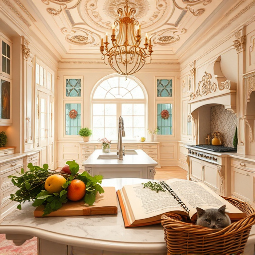 A modern kitchen setting featuring a vibrant array of trendy flooring options, including glossy subway tiles, rustic reclaimed wood, chic patterned vinyl, and sleek polished concrete, each distinct yet harmoniously blended. An open shelving unit showcases colorful ceramic dishware and plants, while a stylish island with a marble countertop enhances the aesthetic. Sunlight streams through a large window, casting soft shadows that highlight the intricate details of the flooring. Quirky elements like a lounging cat on a floor sample and a playful potted cactus near a vintage scale add charm. The hyperrealist art style captures vivid colors, blending earthy tones with vibrant hues, creating an inviting atmosphere for cooking enthusiasts and trendsetters.