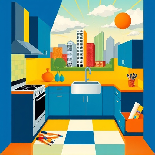 A sophisticated yet inviting interior scene themed around "home remodeling for dummies." The focal point is a large, ornate table cluttered with vibrant tools, including a paintbrush splattered with bright colors, a tangled measuring tape, and wooden sample boards showcasing various textures and grains. Surrounding the table are whimsical, unfinished sketches of room designs pinned to a corkboard, highlighting creative thought processes. In the background, a half-finished wall features bold stripes of contrasting paint, adding an adventurous touch to home design. A vintage ladder leans against the wall, adorned with potted plants leaning toward the light, infusing life and humor into the scene. The floor displays colorful paint splotches and an oversized, unusual hammer, suggesting the playful chaos of DIY projects. Natural light streams through a large window with cheerful curtains, creating a warm, welcoming atmosphere. The art style reflects High Renaissance qualities, with meticulous detail and rich colors like deep blues, warm yellows, and soft greens, embodying the spirit of home remodeling exploration without depicting human figures.