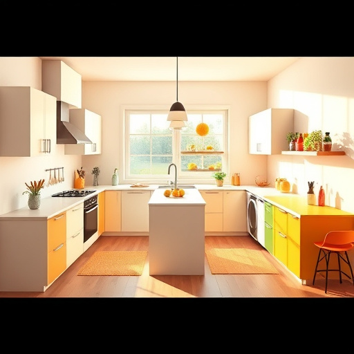 Alt Text: A blog cover image showcasing an enchanting kitchen remodel with the theme "Kitchen Remodel Must Haves." The bright and airy kitchen features sleek modern cabinetry in soft pastels, polished white marble countertops with subtle gray veins, and a window revealing a sunny garden, which brightens the scene and highlights vibrant potted herbs on the windowsill. A whimsical vintage clock adorns the wall alongside playful hand-drawn doodles of kitchen tools. Above the sink, a pendant light shaped like a fruit basket casts a warm glow, while a colorful fruit bowl sits at the center island. The backsplash is adorned with funky geometric tiles in teal and cream, adding a modern twist. A quirky robot chef peeks from behind an appliance, symbolizing innovation in the kitchen. The ConceptualArt style uses a bright, cheerful color palette with contrasting accents, creating a playful yet serene atmosphere, ideal for inspiring kitchen renovations.