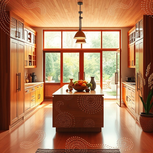 A cozy kitchen scene filled with uniquely designed FolkArt style kitchen cabinets, showcasing intricate hand-painted floral patterns and geometric shapes under warm, sunlit ambiance. The cheerful mood is enhanced by quirky kitchen gadgets, including a smiling teapot and a cheerful salt and pepper shaker on the countertop. Brightly colored pots and pans in red, yellow, and blue hang from an overhead rack, while a playful cupcake-shaped timer sits beside a stack of cookbooks. A vibrant bowl of fruits—apples, oranges, and bananas—adds a splash of color to the countertop. In the background, a sunny garden is visible through a window, featuring painted butterflies and blooming flowers, enhancing the warmth of the space. The overall composition combines warm earth tones with vibrant accents, creating a nostalgic and inviting atmosphere that embodies the essence of a cheerful, bustling kitchen.