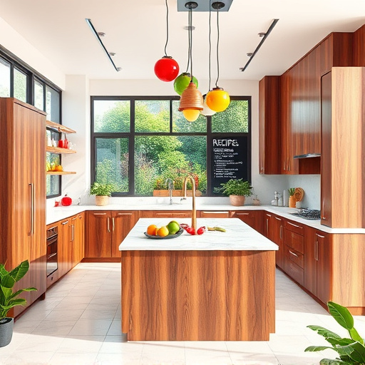 Alt text: A modern kitchen featured in a blog cover image titled "How to choose a kitchen layout?" showcases various layouts including U-shape, L-shape, island, and galley, visually interconnected. The kitchen displays sleek appliances, stylish cabinets, and vibrant countertops, complemented by quirky kitchen gadgets like smiling utensils and colorful spice jars. The inviting atmosphere is enhanced by natural light, warm yellows, fresh greens, and soft oranges, with bright plants on the windowsill and cheerful rugs on the floor. Abstract shapes and patterns in a 'ColorFieldPainting' style unify the different layouts, while the absence of human figures allows for a focus on design possibilities and creativity in kitchen planning.