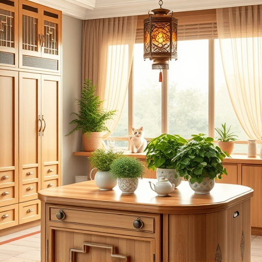 A vibrant and inviting modern kitchen scene showcasing sleek cabinetry and a large central island with contemporary appliances. Sunlight streams through a window with sheer curtains, highlighting lush potted herbs on the windowsill, emphasizing fresh cooking and sustainability. The soft white and warm wood color palette is accented by pops of green from the plants, creating a calm atmosphere. An oversized clock in the shape of a kitchen utensil adds a quirky touch, while a colorful retro-style stand mixer alongside a small collection of cookbooks hints at creativity in this remodeled space. Gleaming hardwood floors reflect warmth, and the open layout fosters spaciousness and functionality, making it an ideal backdrop for kitchen remodel examples.