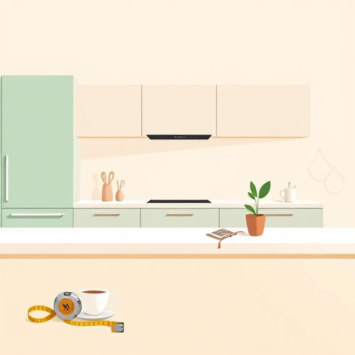 Alt text: A spacious, barrier-free kitchen featuring a large, sleek kitchen island with vibrant potted herbs and a modern induction cooktop. Surrounding the island are pull-out shelves and drawers in warm-toned wood, designed at varying heights for accessibility. The backdrop includes soft-close cabinetry with textured finishes and large windows that fill the room with natural light, showcasing a color palette of green and cream. A cozy nook with a round dining table is accented by an oversized fruit bowl shaped like a whimsical kitchen utensil. The inviting atmosphere is enhanced by quirky elements such as a chef's hat refrigerator magnet and spice jars with handwritten labels, creating a blend of practicality and aesthetic appeal in modern kitchen design.