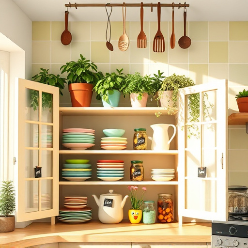 A vibrant and inviting kitchen scene featuring a beautifully redesigned space that reflects the theme of 'New Year kitchen renovation resolutions.' The focal point is a handcrafted wooden kitchen island with intricate carvings of seasonal fruits and vegetables, symbolizing fresh starts. Surrounding the island are colorful, vintage-inspired kitchen appliances like an aqua blue stand mixer and a sunflower yellow kettle, exuding warmth and optimism. The walls display whimsical tile patterns in earthy tones of green, terracotta, and soft cream, creating a cozy yet playful atmosphere. Above the island, stained glass pendant lights dangle, casting a kaleidoscope of light throughout the room. Quirky details include an open recipe book with handwritten notes, a potted herb garden on the windowsill, and a playful cat peering from a cozy nook, adding charm to the scene. The overall tone is cheerful and hopeful, perfect for the beginning of a new year full of possibilities. In the background, a sunlit window reveals a snowy garden outside, reinforcing the theme of fresh beginnings. The design reflects Arts and Crafts Movement style, using earthy colors and organic forms to create a harmonious blend of comfort and creativity, inviting viewers to envision their kitchen renovations and resolutions for the new year.