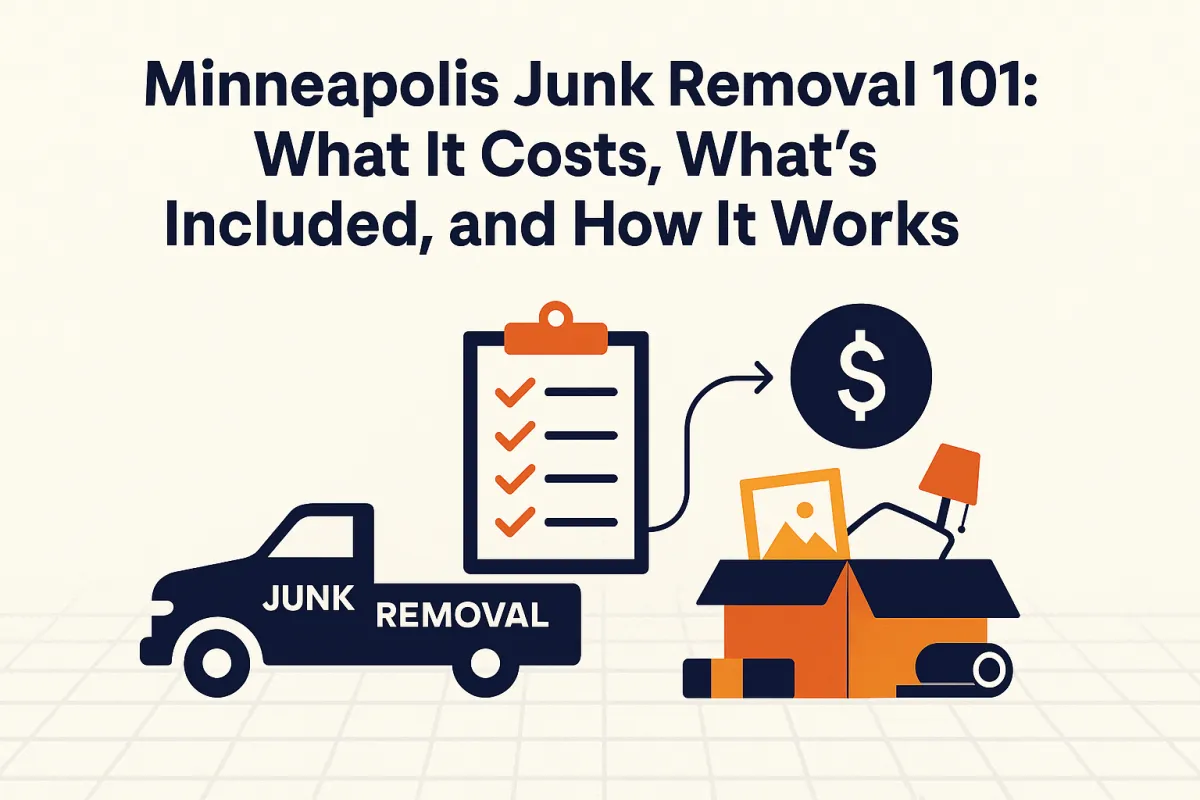 Illustration of a junk removal truck and crew clearing out household items in a Minneapolis neighborhood, representing fast and professional cleanout services.