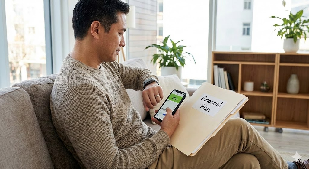 man checking glucose monitor