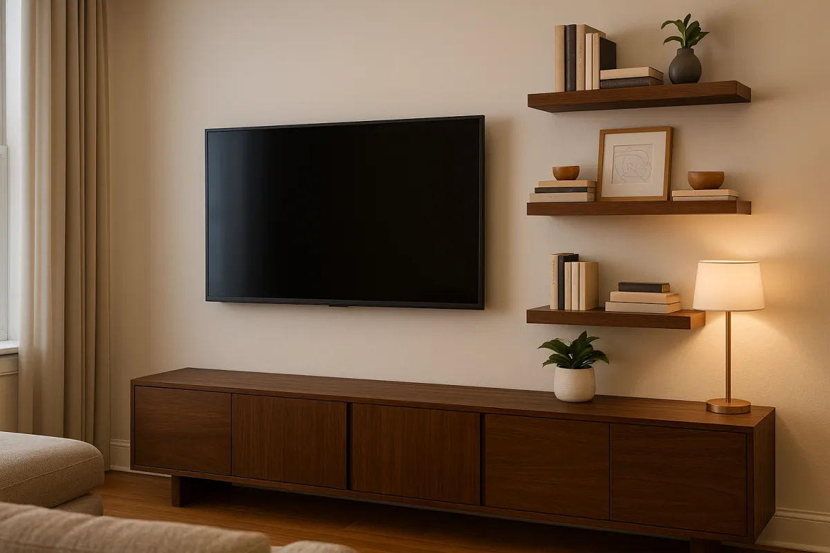 Lake View living room with mounted TV and floating shelves styled by AssembleMount
