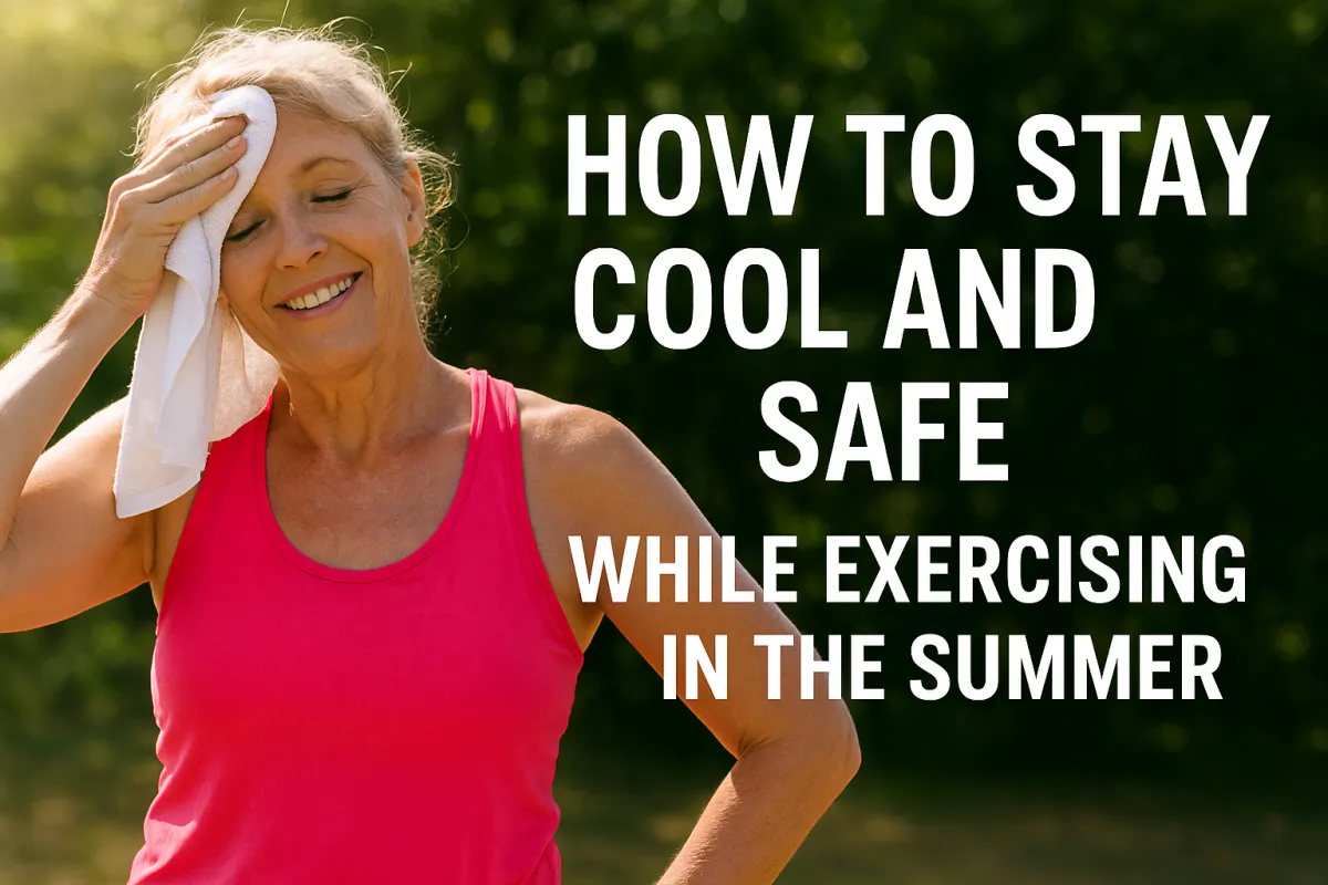 Fit woman exercising outdoors on a sunny day, wearing light activewear and staying hydrated, symbolizing safe summer workouts and fitness in hot weather.