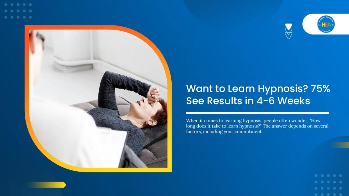 Person reclining during a hypnosis session; promoting the opportunity to learn hypnosis in weeks