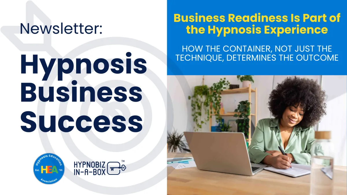 A calm, organized hypnosis practitioner at her desk, prepared and confident before a client session.