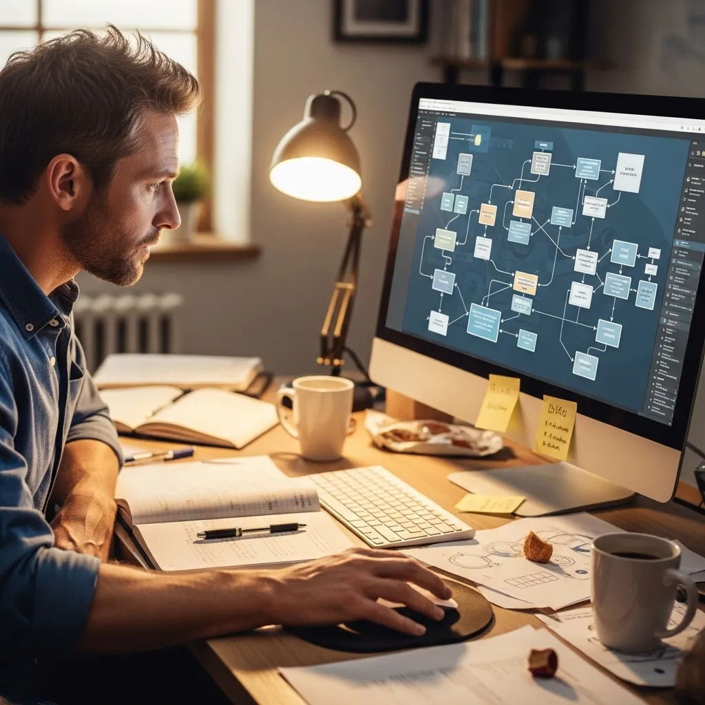 A business architect facing his computer screen mapping a complicated process It should look approachable and slightly messy, not like a perfect, intimidating diagram