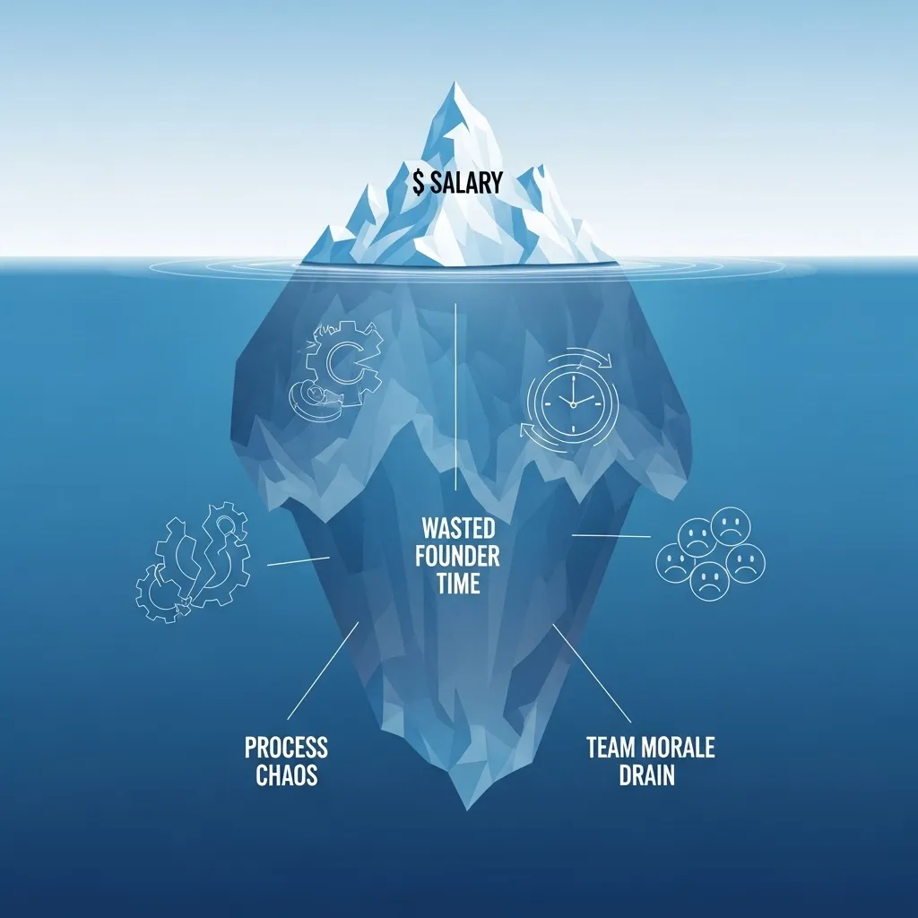 A stylized iceberg illustration in a modern infographic style. The small tip of the iceberg, visible above the calm, deep blue water, has the text '$ SALARY' clearly written on it. The massive, submerged part of the iceberg, visible below the water, contains several faded, ghostly icons and words: a broken gear labeled 'PROCESS CHAOS', a clock with spinning hands labeled 'WASTED FOUNDER TIME', and a group of sad-face icons labeled 'TEAM MORALE DRAIN'. The background is a clean, light blue gradient. The overall feeling is professional, clean, and revelatory.