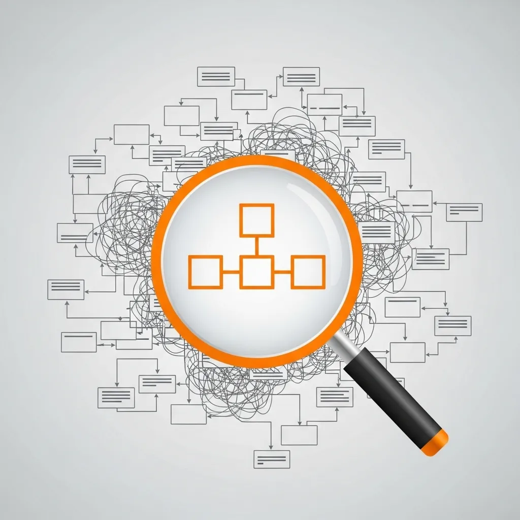 A clean, modern infographic-style image. In the background, there is a complex, messy flowchart with many overlapping boxes and tangled arrows in a muted gray color. A large, stylized magnifying glass with a bright orange rim is held over a section of the chaos. Inside the circle of the magnifying glass, the process is magically simplified into just three clean, connected boxes in a vibrant orange, showing clarity and order. The background is a solid, light gray. The style is flat design with a professional, strategic feel.