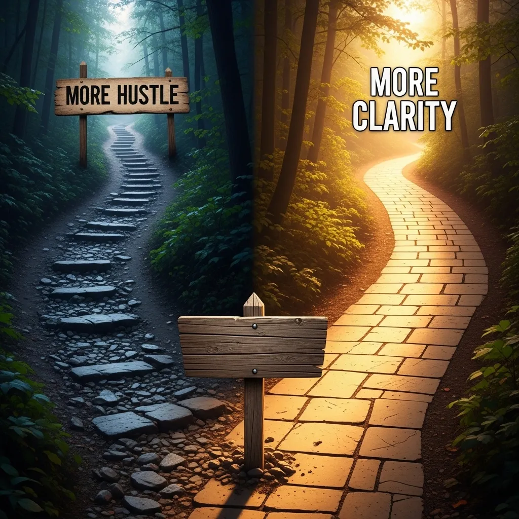 A visual showing a fork in the road. One path is labeled "More Hustle." The other, clearer path is labeled "More Clarity."